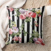 クラシックな水彩画の花の黒のストライプ クッション (ブランケット)