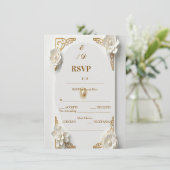 クラシックな水彩画 ゴールドRSVP 白と花のカード (スタンド正面)