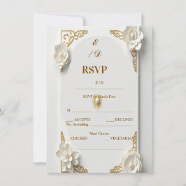 クラシックな水彩画 ゴールドRSVP 白と花のカード
