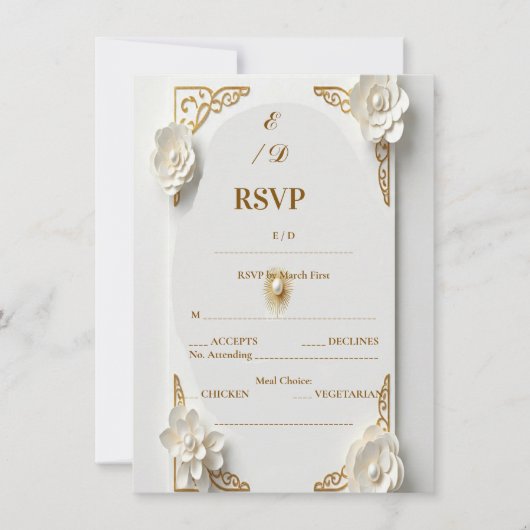 クラシックな水彩画 ゴールドRSVP 白と花のカード (正面)