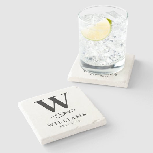 クラシックな渦巻のシンプルなモノグラム家族 ストーンコースター (横)