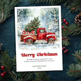 クラシックな田舎風の赤いトラックのクリスマスシーンのグリーティング シーズンカード