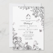 クラシックな田舎風の黒白フラワーの結婚式 招待状 (正面)