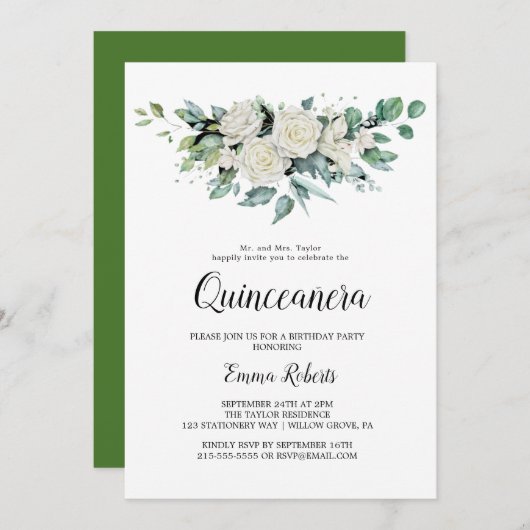 クラシックな白い花のキンセアニエラ招待状 招待状 (正面/裏面)