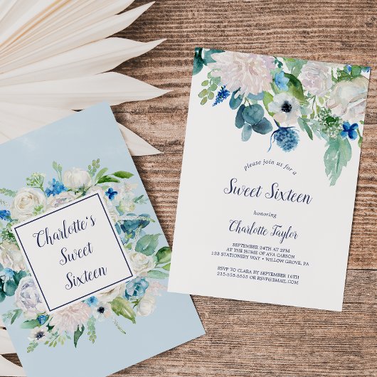 クラシックな白い花のスイート16歳の誕生日パーティー 招待状
