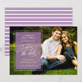 クラシックな白と紫のエレガントなスクリプト結婚式 セーブザデート (正面/裏面)