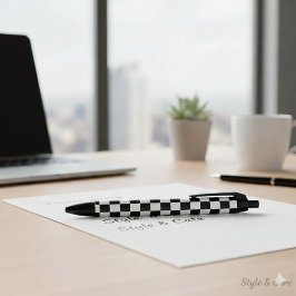 クラシックな白と黒のスクエアボックスパターン スタイル 黒ボールペン