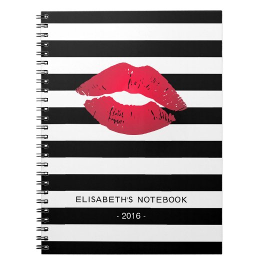 クラシックな白黒のストライプが付いているスタイリッシュで赤い唇 ノートブック (正面)