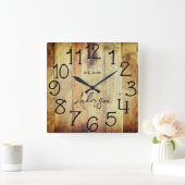 クラシックな納屋の木のファームハウスオーダーメイドファミリー名スクエア スクエア壁時計 (ホーム)