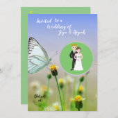 クラシックな紙のヴィンテージカップル ガーデンバタフライ 招待状 (正面/裏面)
