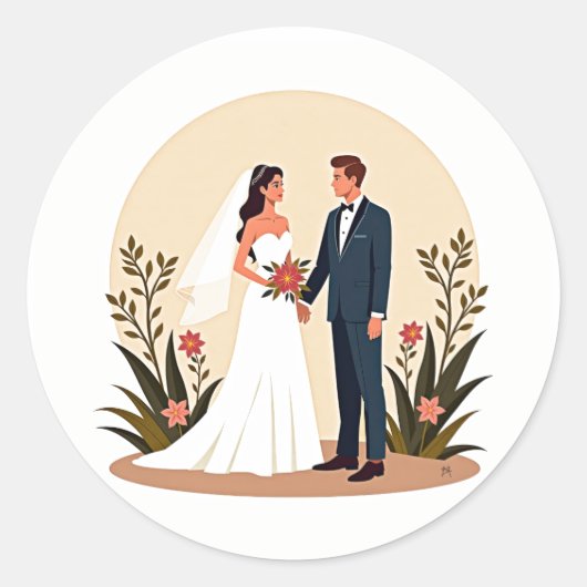 クラシックな結婚式のカップルステッカー ラウンドシール (正面)