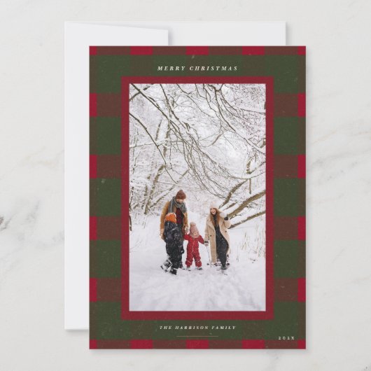 クラシックな緑と赤の格子縞の楽しいクリスマスの写真 シーズンカード (正面)