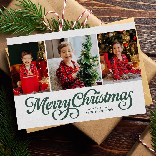 クラシックな緑のメリークリスマス 3枚の写真 シーズンカード