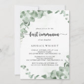 クラシックな緑のユーカリの葉のファーストコミュニオン 招待状 (正面)