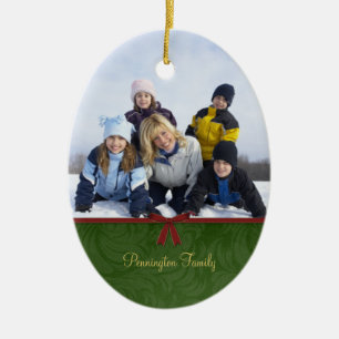 クラシックな緑の赤いクリスマスの家族写真のオーナメント セラミックオーナメント