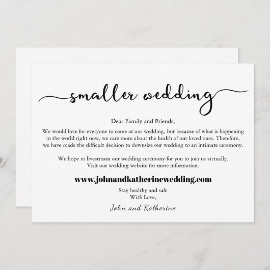 クラシックな規模縮小の小さな結婚式のお知らせ (正面/裏面)