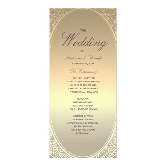 クラシックな贋金結婚式プログラム ラックカード (正面)