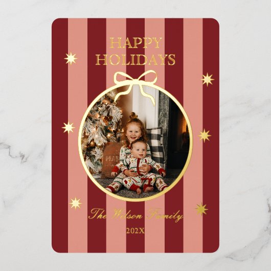 クラシックな赤いストライプの写真入りホリデーカード 箔シーズンカード (正面)