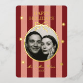 クラシックな赤いストライプの写真用ホリデーカード 箔シーズンカード (正面)