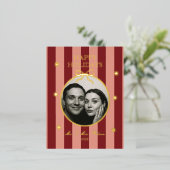 クラシックな赤いストライプの写真用ホリデーカード 箔シーズンポストカード (立ち正面)