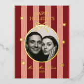 クラシックな赤いストライプの写真用ホリデーカード 箔シーズンポストカード (正面)