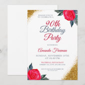 クラシックな赤いバラ 90歳の誕生日 招待状 (正面/裏面)