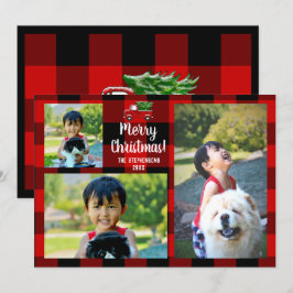 クラシックな赤いピックアップトラックのカントリークリスマス3枚写真 招待状