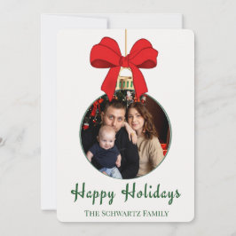 クラシックな赤いリボンのオーナメントの写真を使ったホリデーカード シーズンカード