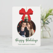 クラシックな赤いリボンのオーナメントの写真を使ったホリデーカード シーズンカード (スタンド正面)
