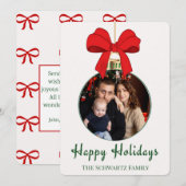 クラシックな赤いリボンのオーナメント写真 ホリデーカード (正面/裏面)