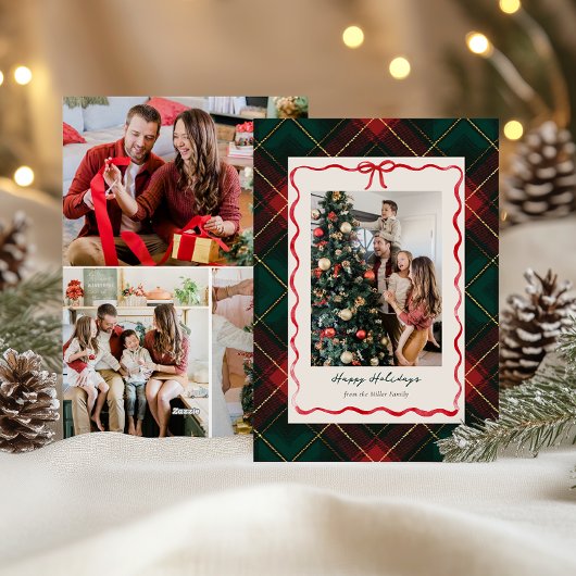クラシックな赤いリボンのクリスマスフォトカード シーズンカード