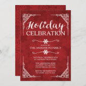 クラシックな赤い雪の結晶のホリデー パーティー 招待状 (正面/裏面)
