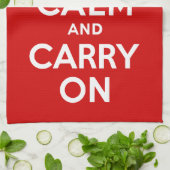 クラシックな赤と白の「Keep Calm and Carry On」 キッチンタオル (折り畳み)