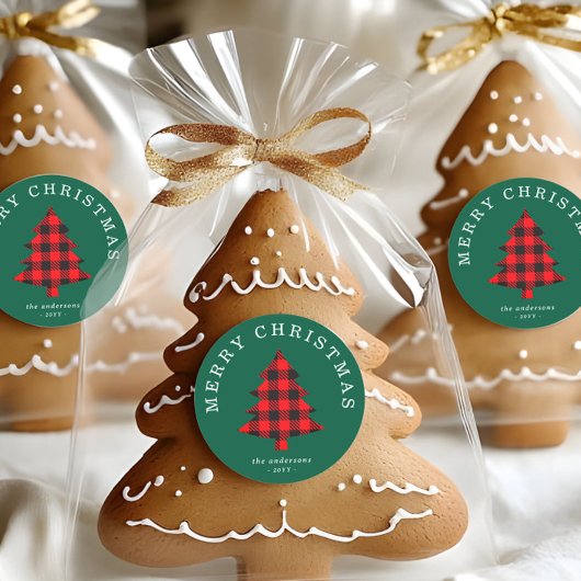 クラシックな赤と緑のクリスマスツリーステッカー ラウンドシール