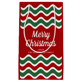 クラシックな赤と緑のストライプ メリークリスマス スモールペーパーバッグ