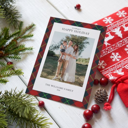 クラシックな赤と緑のチェック柄 ファミリー フォト シーズンカード