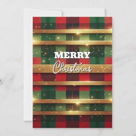 クラシックな赤と緑の格子にゴールドのスパークリングストライプ シーズンカード (正面)