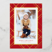 クラシックな赤のクリスマスプレイドの写真1枚 エレガント 箔シーズンカード (正面)