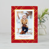 クラシックな赤のクリスマスプレイドの写真1枚 エレガント 箔シーズンカード (立ち正面)