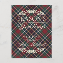 クラシックな赤 ダークブルー 緑のチェック柄 シーズンポストカード