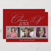 クラシックな赤/灰色の写真 卒業発表 招待状 (正面/裏面)