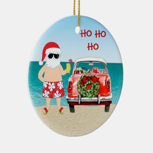 クラシックな車のクリスマスの熱帯ビーチサンタ セラミックオーナメント (右)