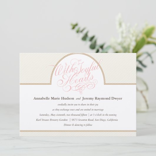 クラシックな金ゴールドのストライプな結婚式招待状 招待状 (スタンド正面)