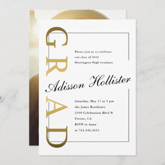 クラシックな金ゴールドの卒業生の写真の卒業パーティー 招待状 (正面/裏面)