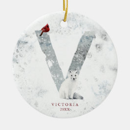 クラシックな雪景色のクリスマス 冬の情景 モノグラム V セラミックオーナメント