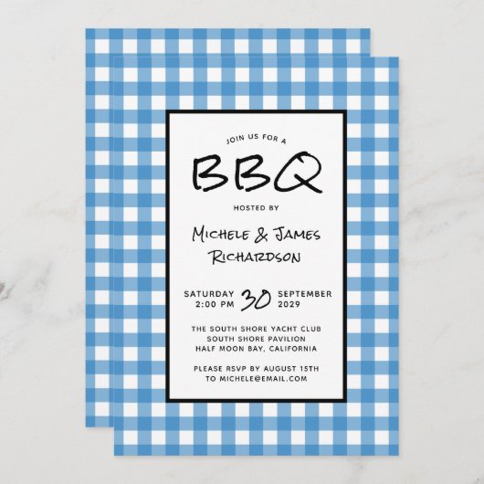 クラシックな青と白のギンガムチェックのBBQピクニックパーティー 招待状 (正面/裏面)
