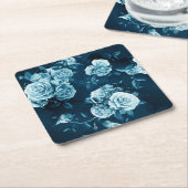 クラシックな青のバラパターン スクエアペーパーコースター (アングル)