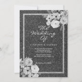 クラシックな黒と白と銀の輝きの花モチーフのウェディング 招待状 (正面)