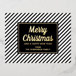 クラシックな黒と白のストライプ メリークリスマス 箔シーズンポストカード