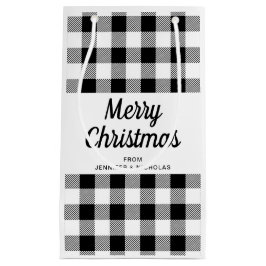 クラシックな黒と白のチェック柄 メリークリスマス スモールペーパーバッグ